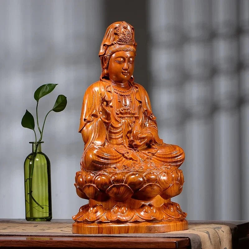 13CM Buddha Statue Seated Lotus Guanyin Buddha Figure Wood Pear Carving Buddhism 07FC0E-D4 - KOEEK