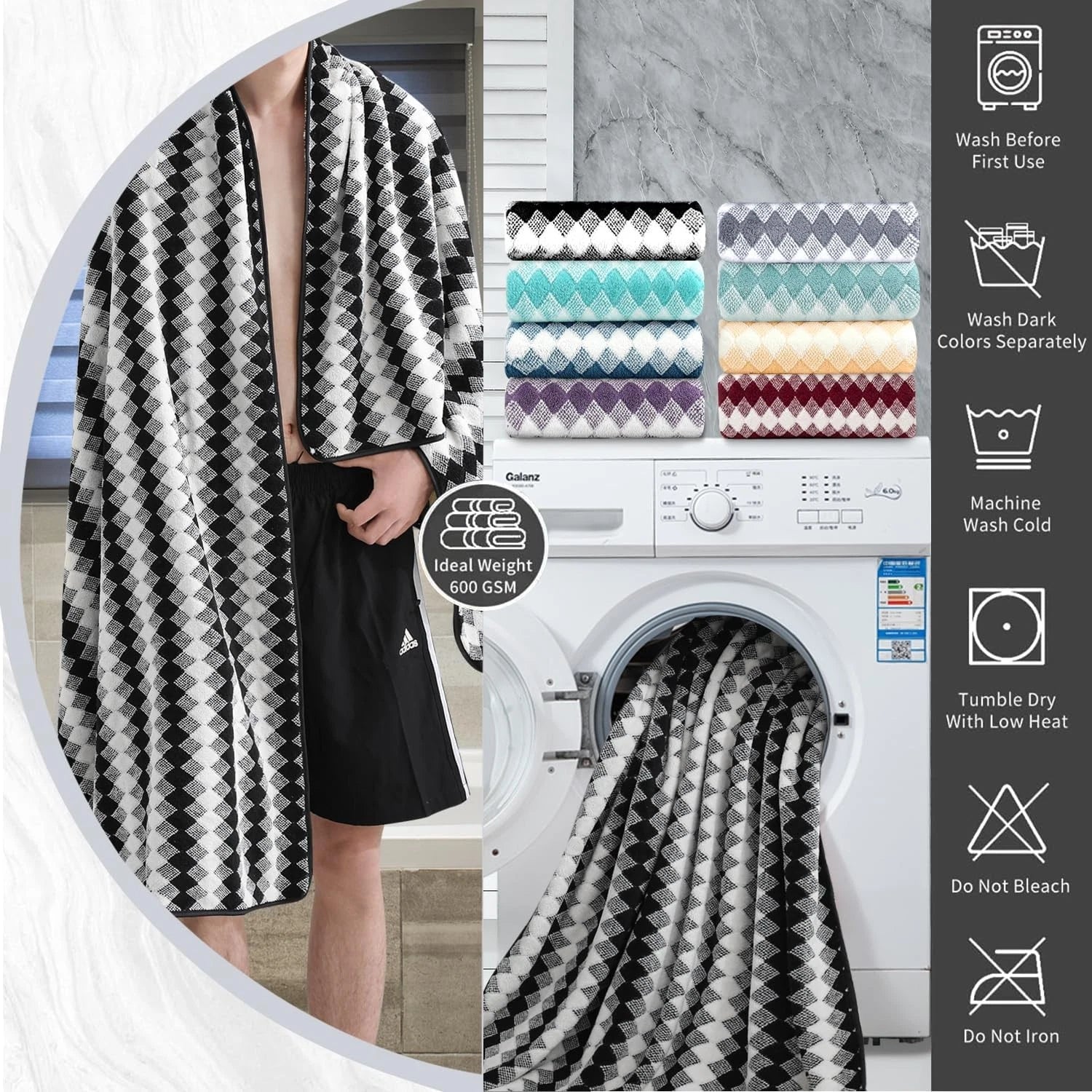 8-piece bathroom towel set (black and white) | 2 extra-large bath towels 07FC0E-D4 - KOEEK