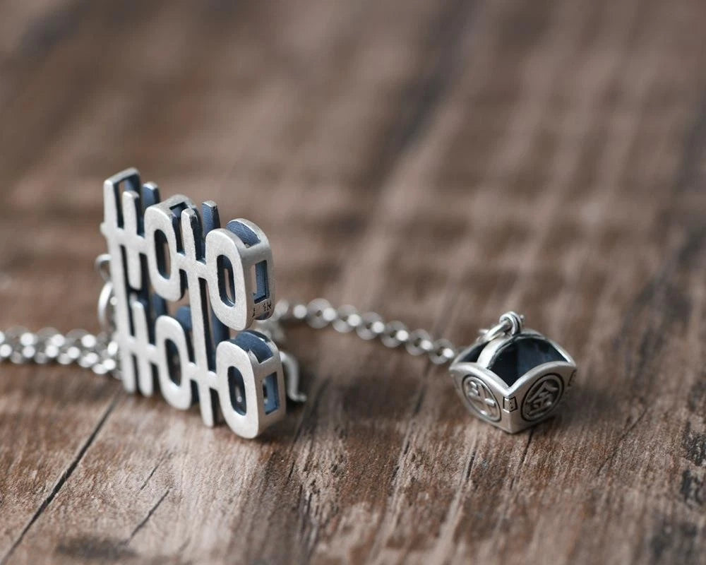 "Xi" Pendant Necklace Double Happiness Long Sweater Chain Silver Plated Vintage 07FC0E-D4 - KOEEK