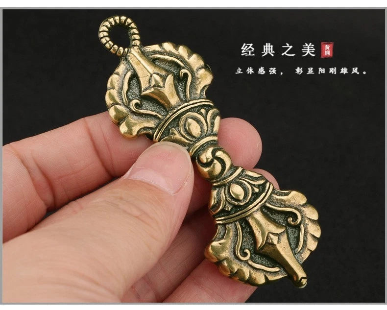 3.1"Vintage Brass China Golden Buddha's Demon-Dispelling Staff Pendant Amulet 07FC0E-D4 - KOEEK
