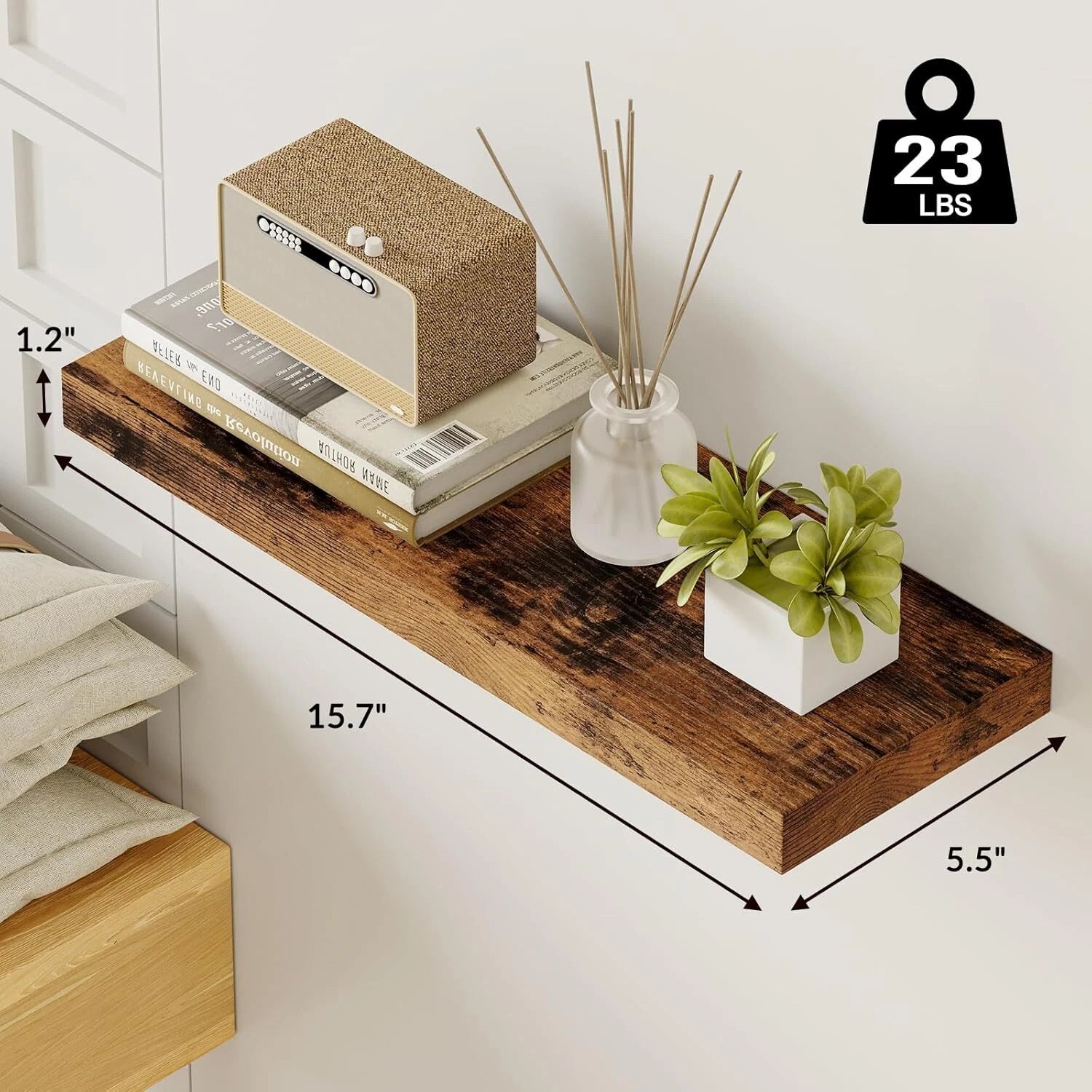 15.8-Inch Floating Shelf, Set of 6 Wooden Shelves, (Rustic Brown) 07FC0E-D4 - KOEEK