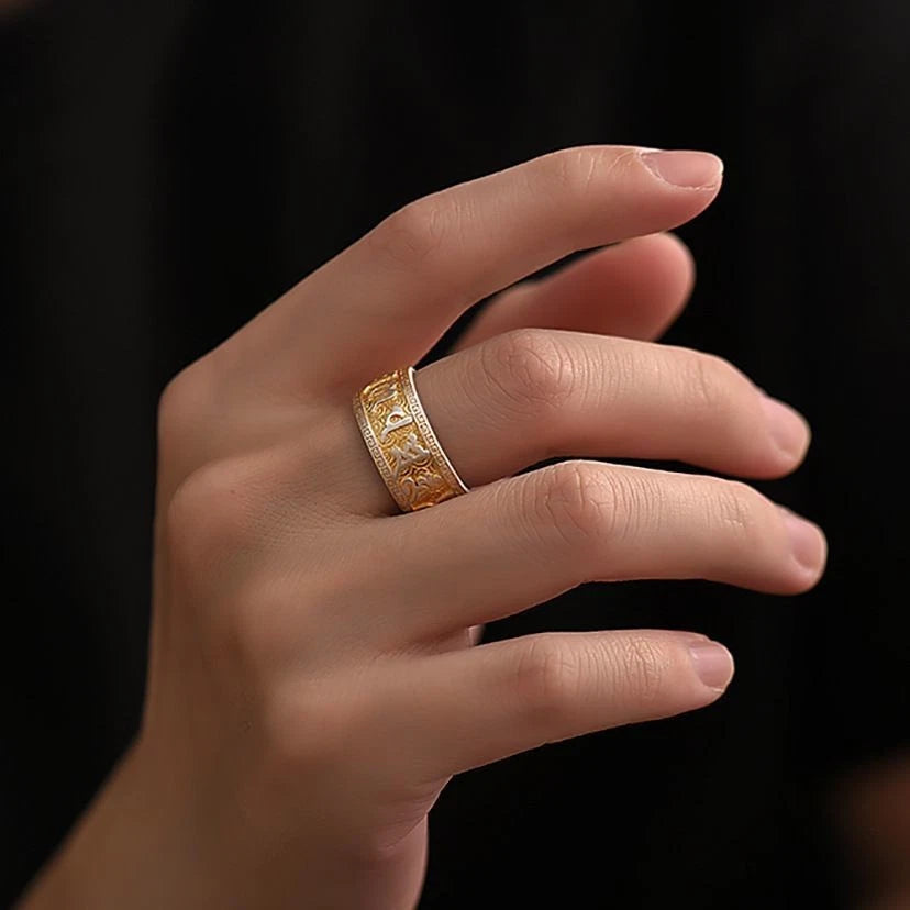 Silver Plated Chinese Style Six Word Mantra Open Ring Adjustable Mens 07FC0E-D4 - KOEEK