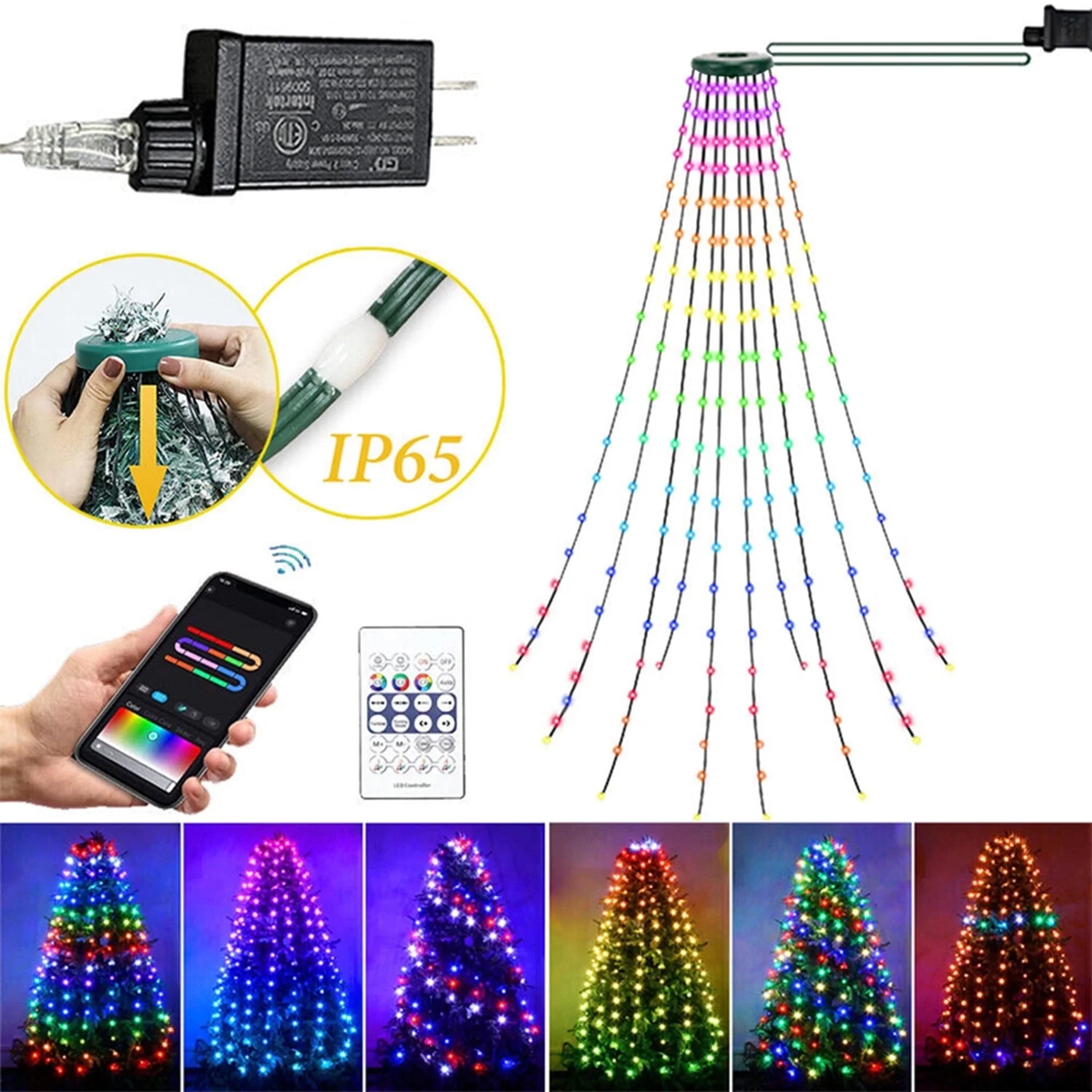 Christmas Tree String Lights Decorations with Ring Smart APP, 200 LED Waterfall 07FC0E-D4 - KOEEK