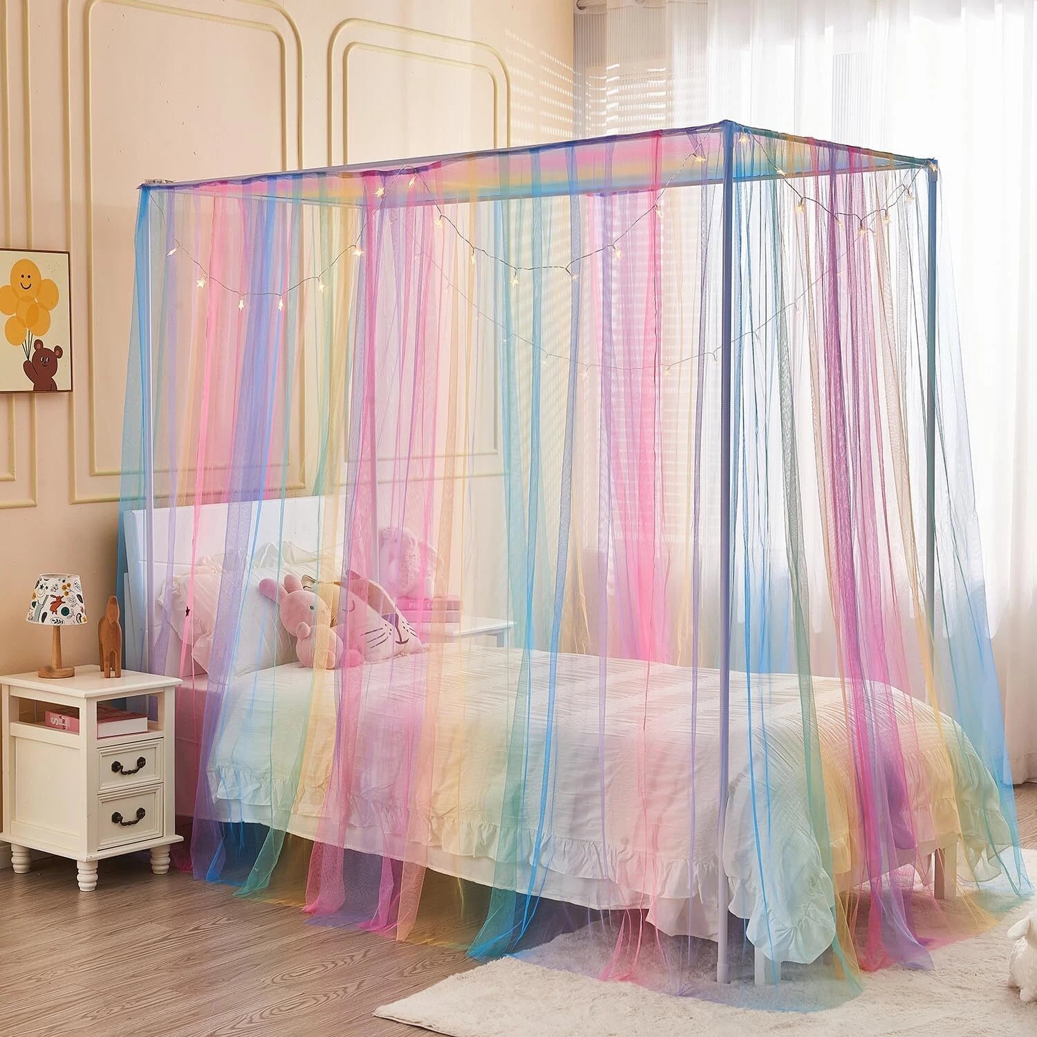 Rainbow Bed Canopy for Girls Kids with Light, 4 Corner Post Princess Canopy Bed 07FC0E-D4 - KOEEK