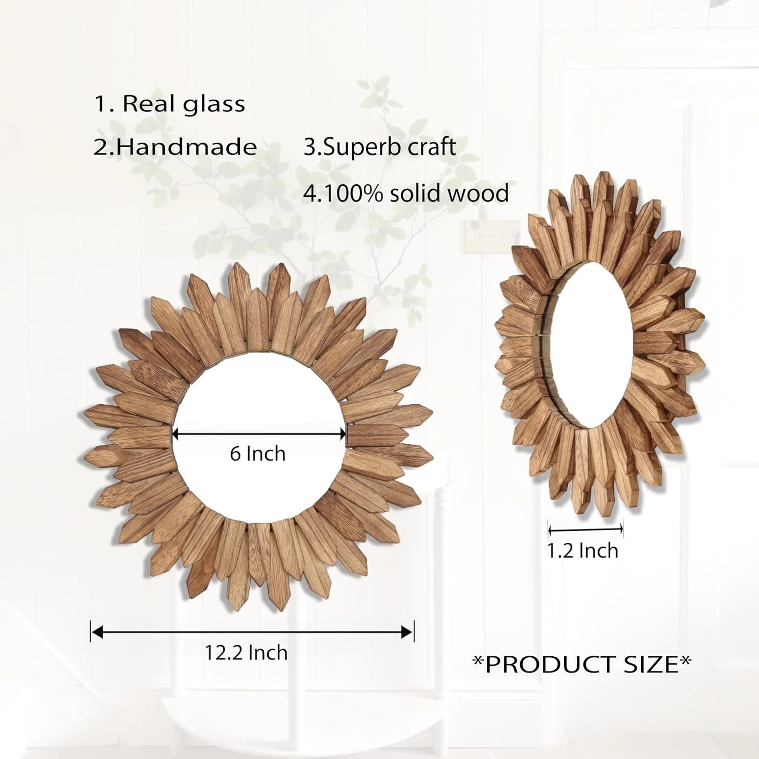 Boho Wall Decor Sunburst Mirror 3 Pack Rustic Round Wood Mirror 12 inch Mirror 07FC0E-D4 - KOEEK