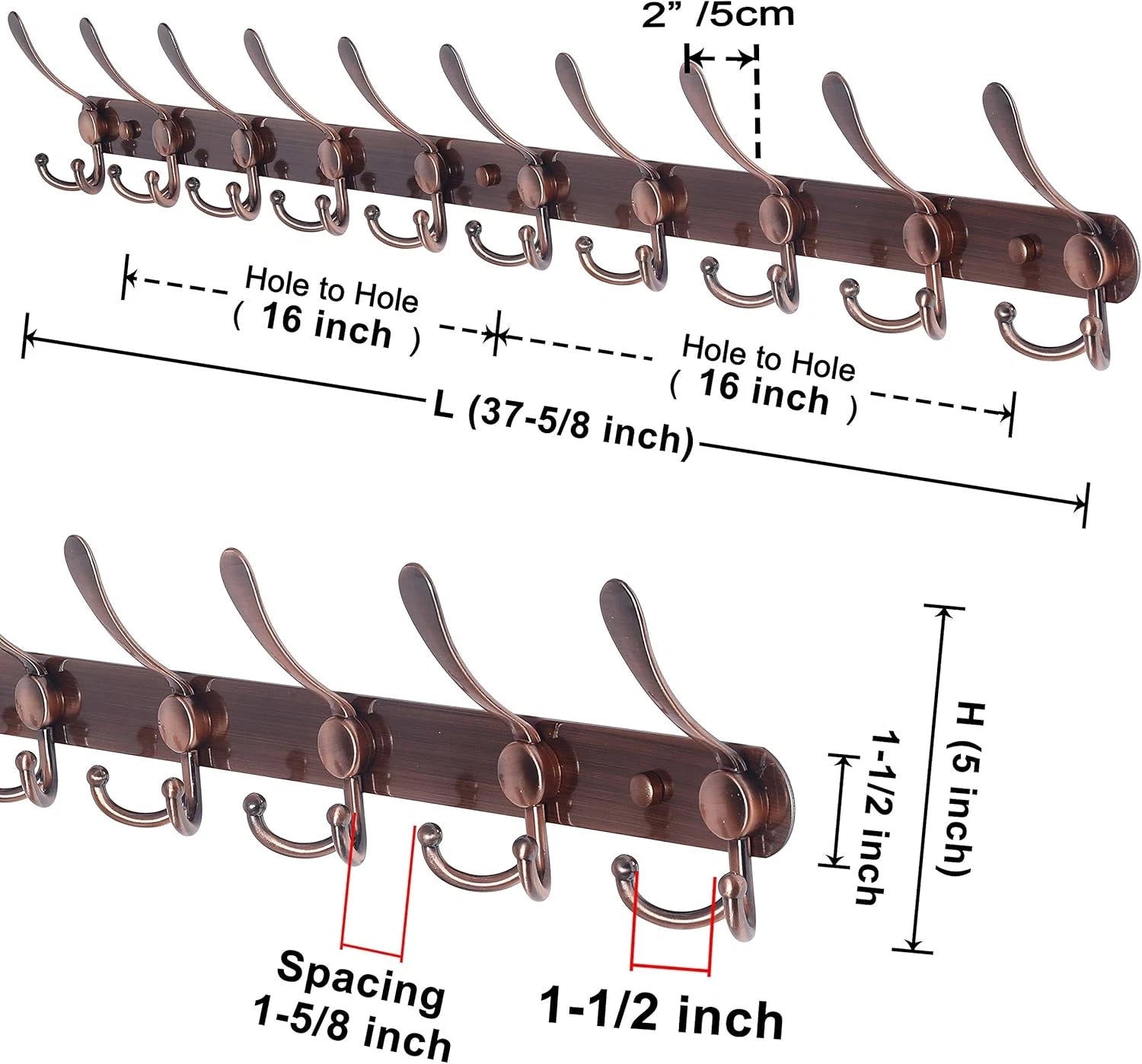 Wall-mounted coat rack - 38 inches long, 10 heavy-duty coat hooks 07FC0E-D4 - KOEEK