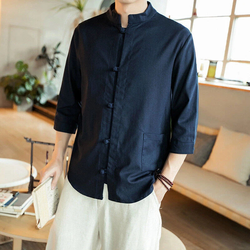 Men Vintage Kung Fu Shirts Tops 3/4 Sleeve Cotton Linen Chinese Style Tang Suit 07FC0E-D4 - KOEEK