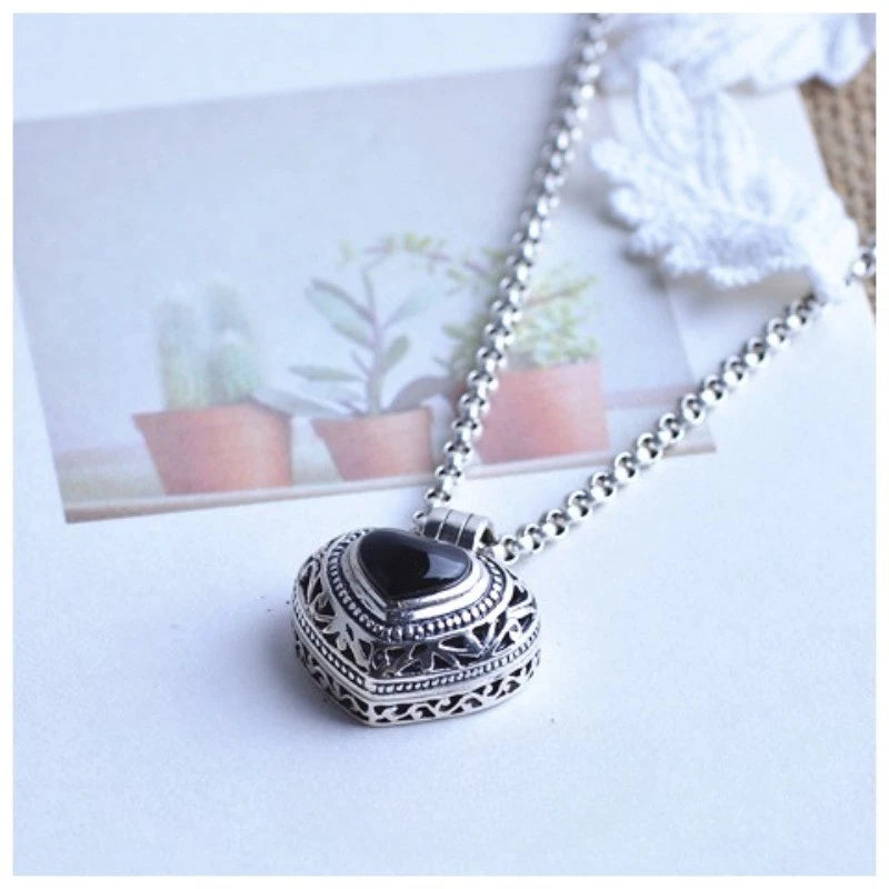 Openable Photo Box Heart Pendant Black Necklace Hollow Floral Design 07FC0E-D4 - KOEEK