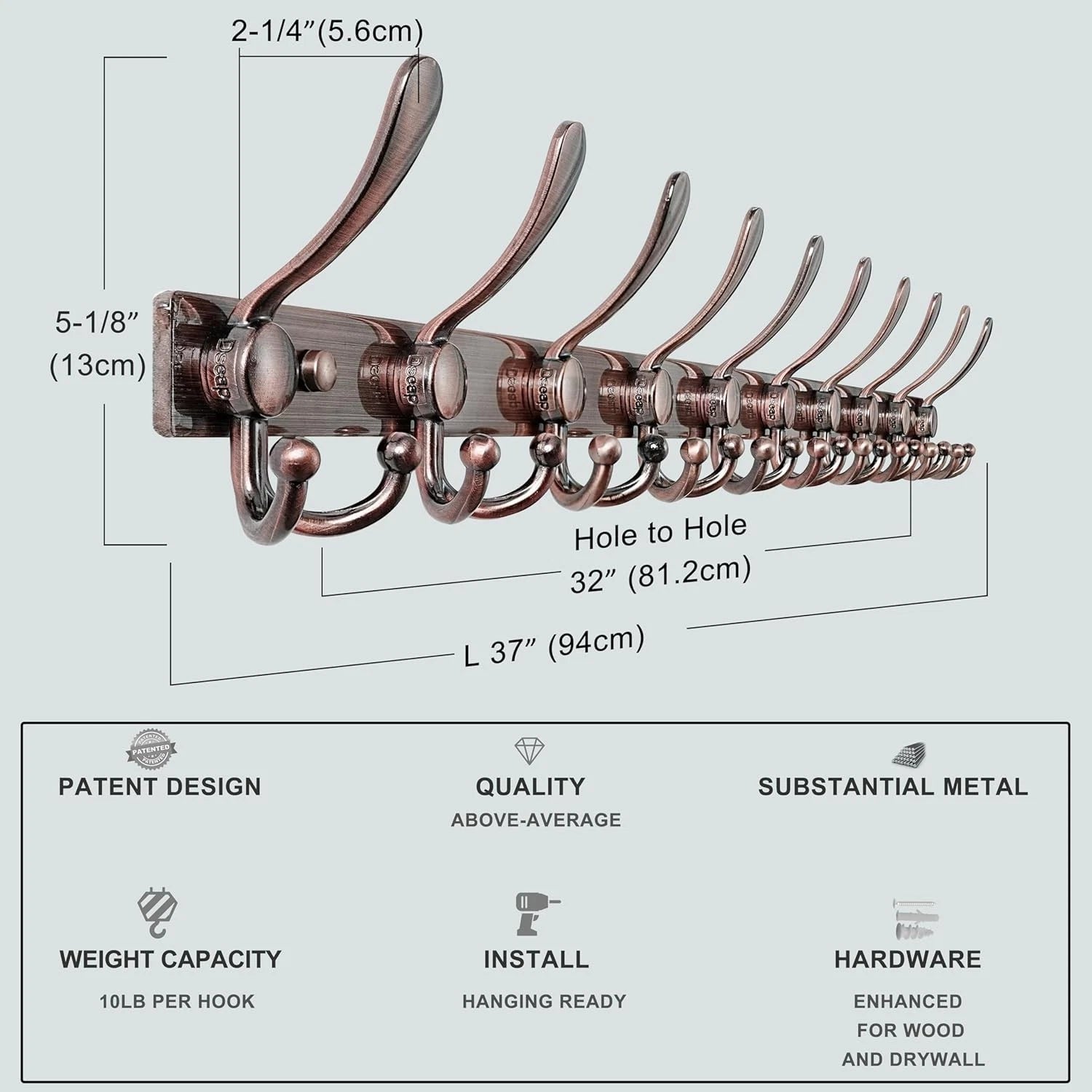2.0 Coat Rack Wall - 37” Long 10 Tri Hooks - owels Antique Copper 07FC0E-D4 - KOEEK