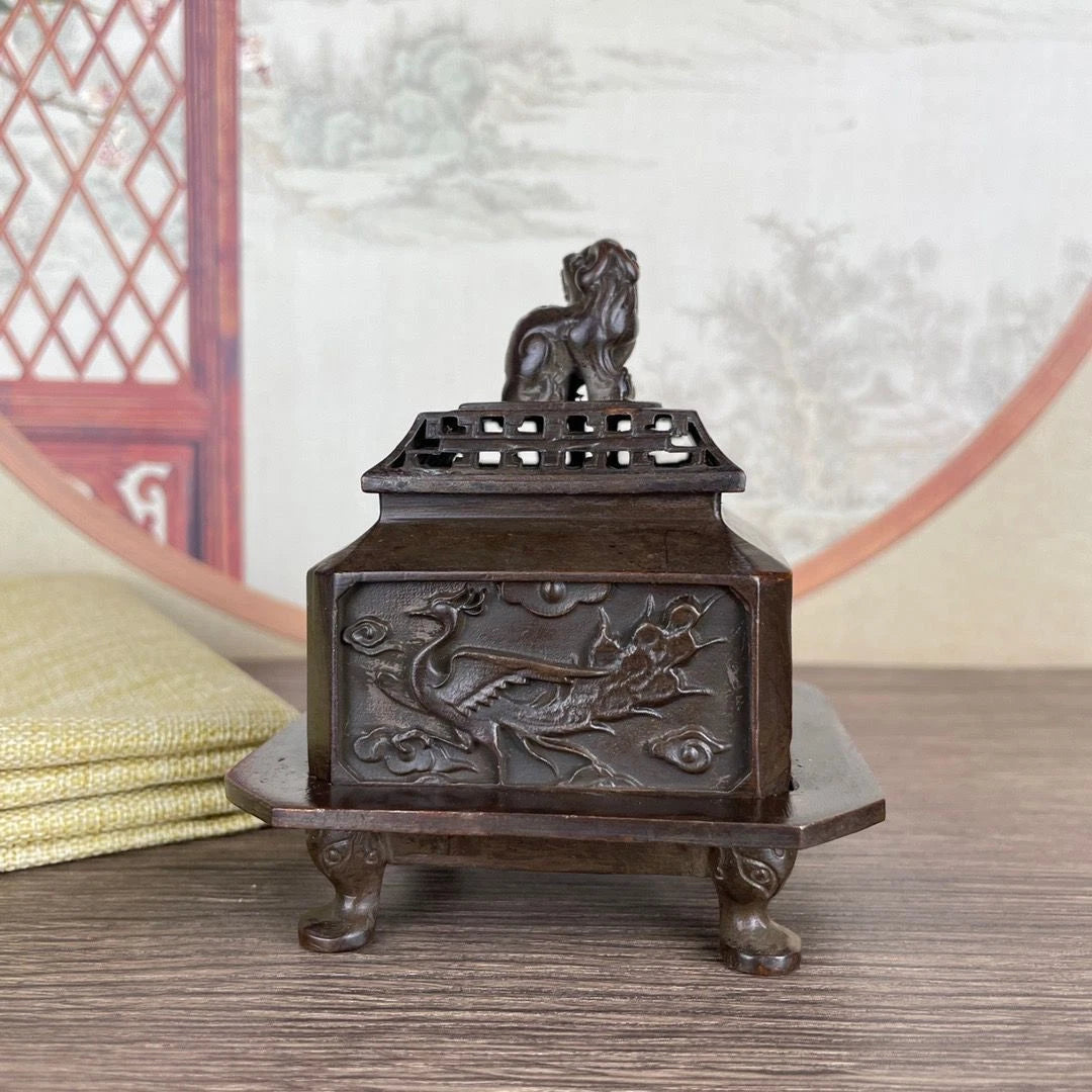 Chinese Style Four Beasts Incense Burner Set Bronze Tone With Lid Decor 07FC0E-D4 - KOEEK