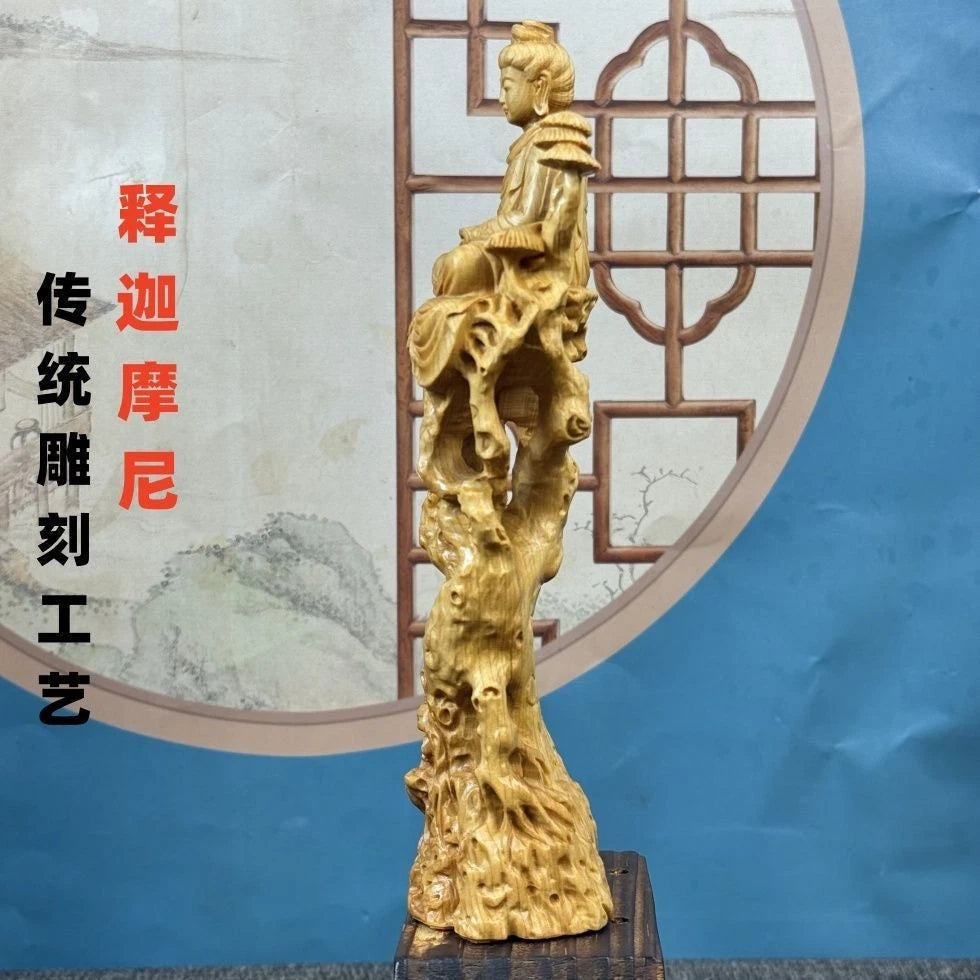 Cai Bai Wood Carved Sitting Buddha Figurine Home Décor Handicraft Wooden Statue 07FC0E-D4 - KOEEK