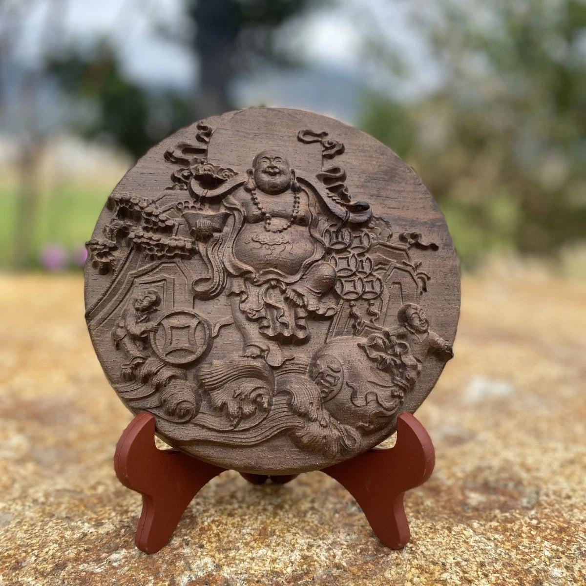 Agarwood Round Plaque Fu Lu Decor with Base 18cm 07FC0E-D4 - KOEEK