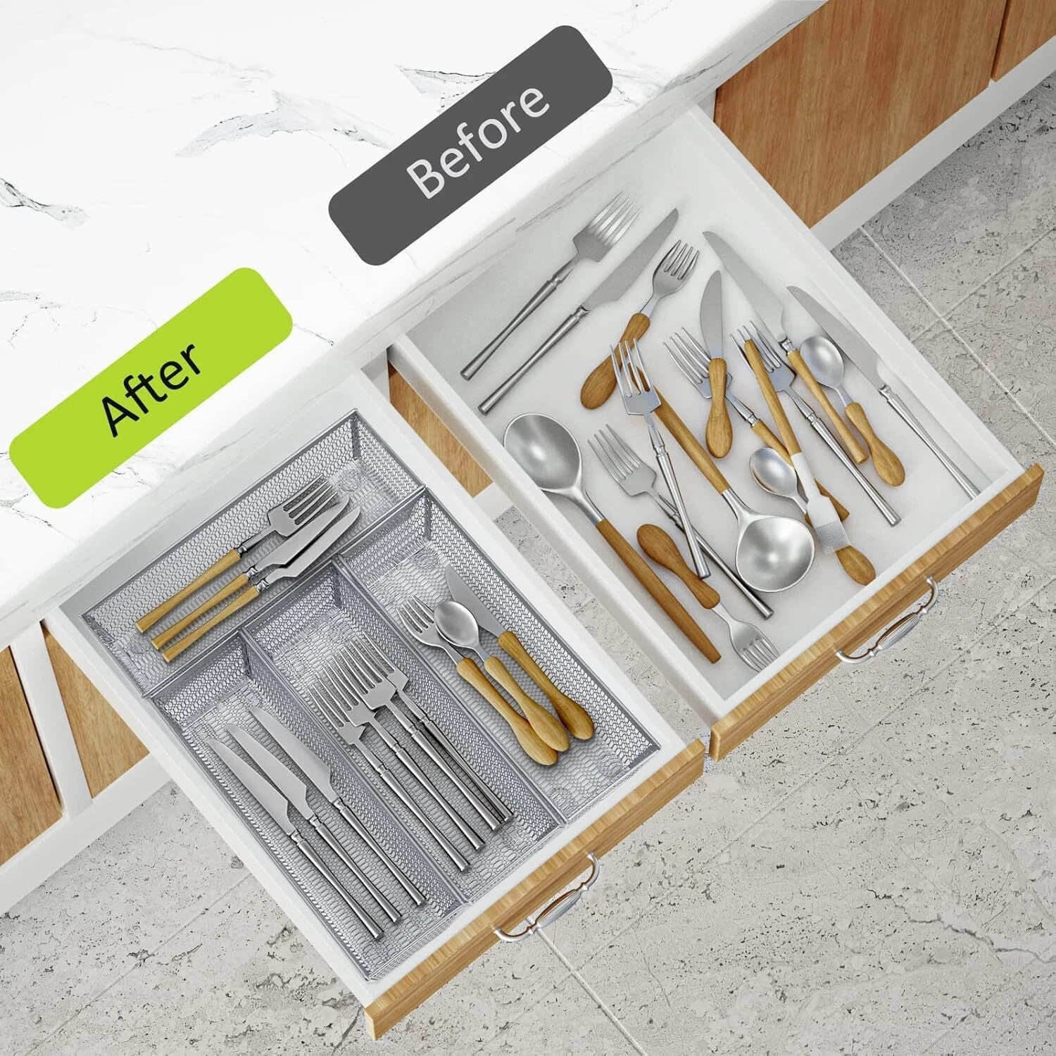 Metal Silverware Organizer, Mesh Drawer Organizer (Silver 9 * 3 * 2 inch 6-Pack) 07FC0E-D4 - KOEEK