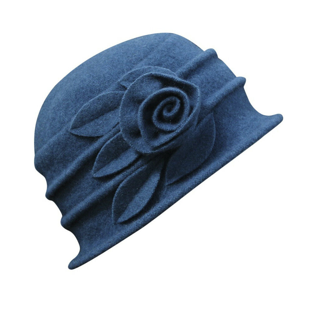 ny Dame Elegant Ull Blomster Hat Vinter Vintage Cloche Bøtte Cap