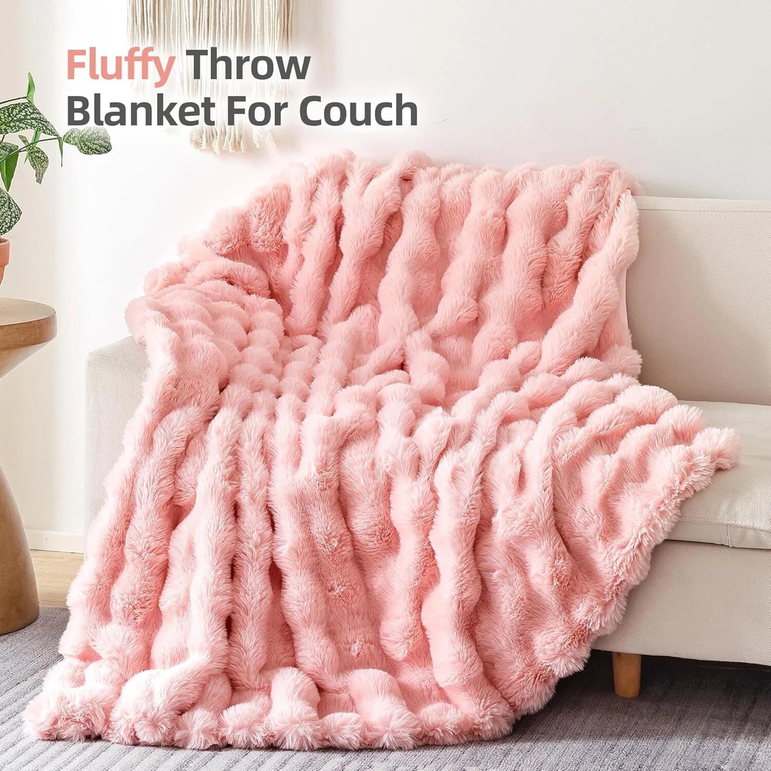 Fur Throw Blanket for Couch – Blush Pink Fluffy Cozy Rabbit Fleece, Plush Soft 07FC0E-D4 - KOEEK