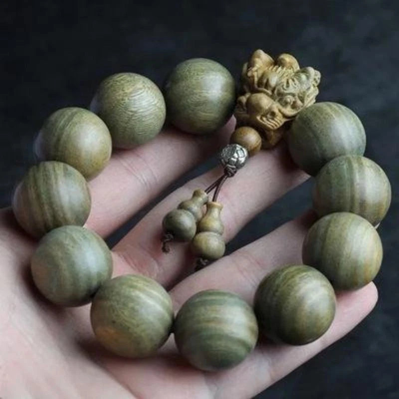 20mm 12 Beads Bracelet Aged Wood Green Sandalwood Unisex Buddhist Prayer Mala 07FC0E-D4 - KOEEK