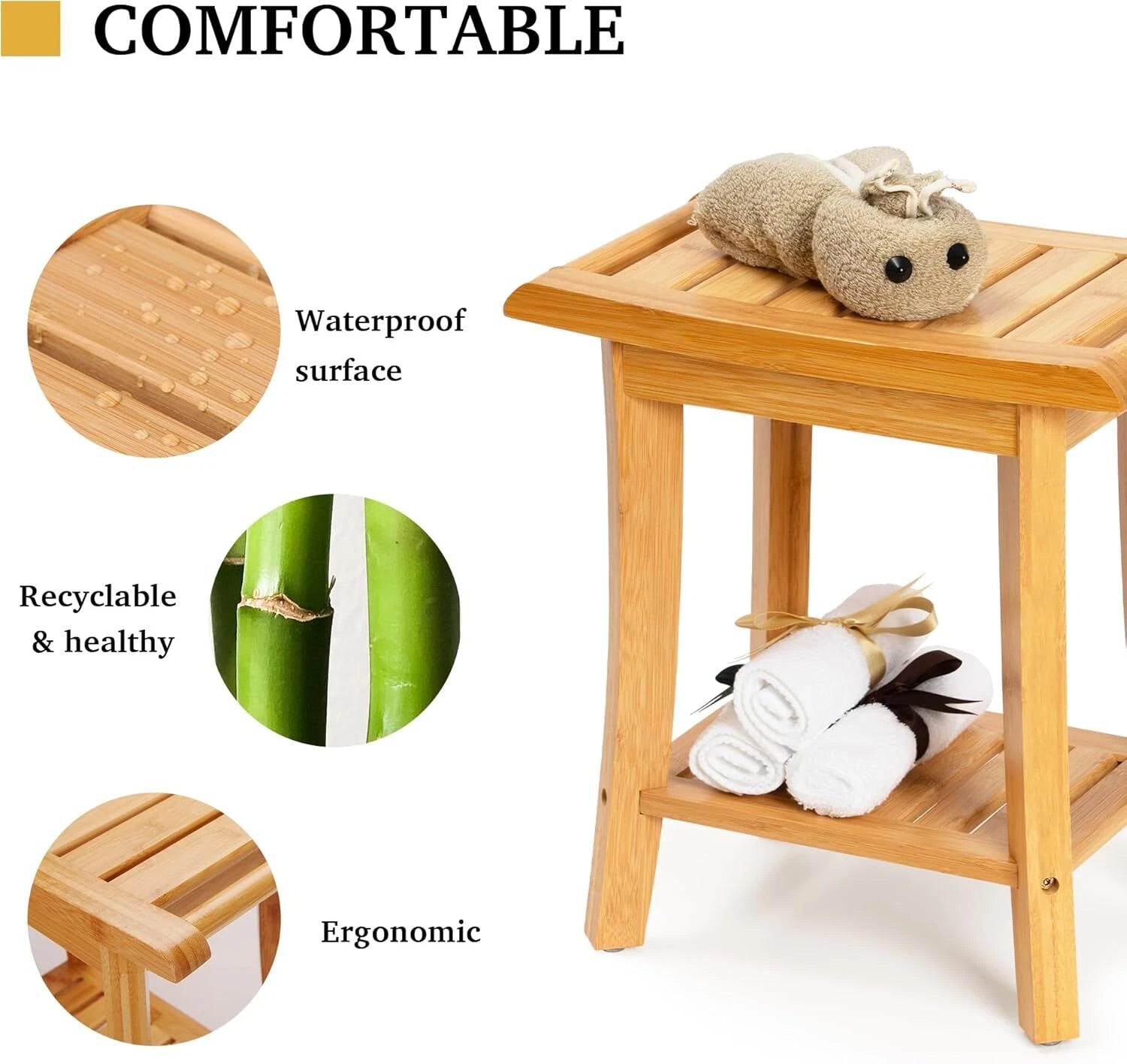 Bamboo Shower Chair with Storage Shelf, Spa Bath Chair for Bathrooms 07FC0E-D4 - KOEEK