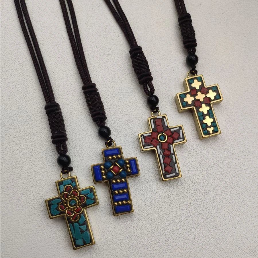 Himalayan Nepal Handmade Brass Cross Pendant Artisan Crafted With Decorative 07FC0E-D4 - KOEEK