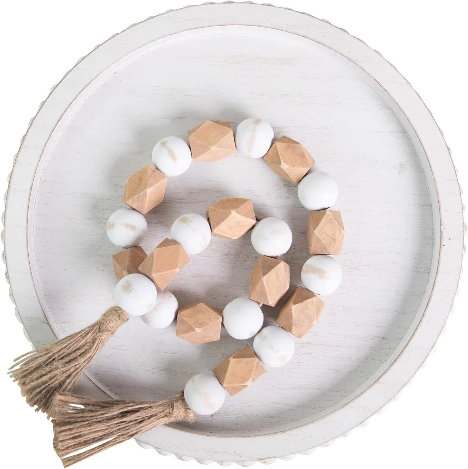 12in Round Wood Beaded Tray -White, Distressed,Farmhouse Rustic -Decorative Tray 07FC0E-D4 - KOEEK