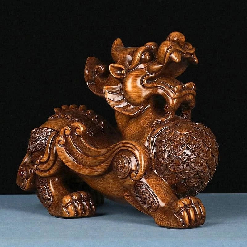 Boxwood Wood Carved Pixiu Figurine 8cm Desk Decor Home Ornament Gift 07FC0E-D4 - KOEEK