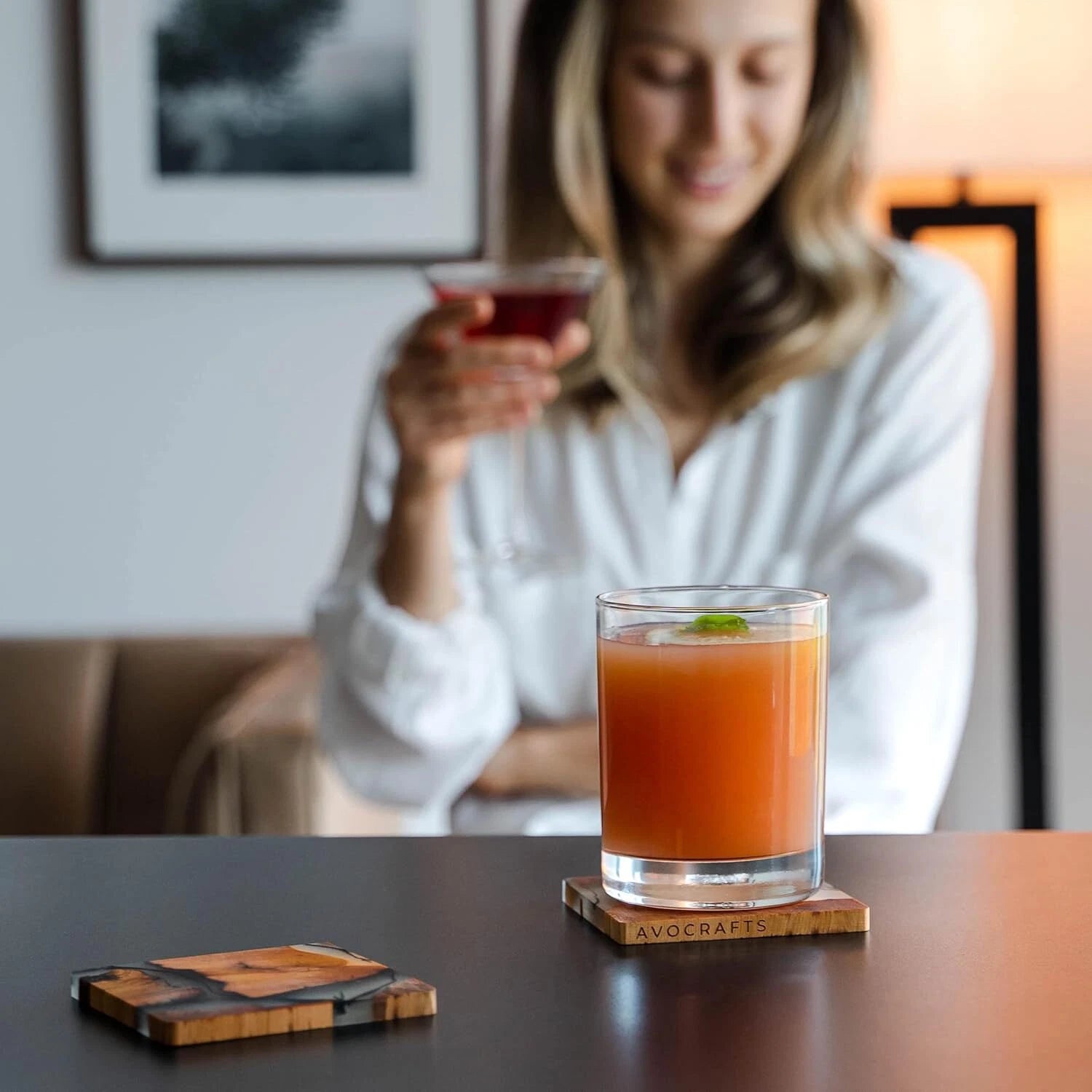Wooden Coaster Set, Modern Epoxy Coasters with Brackets, Cedar Wood Coasters 07FC0E-D4 - KOEEK