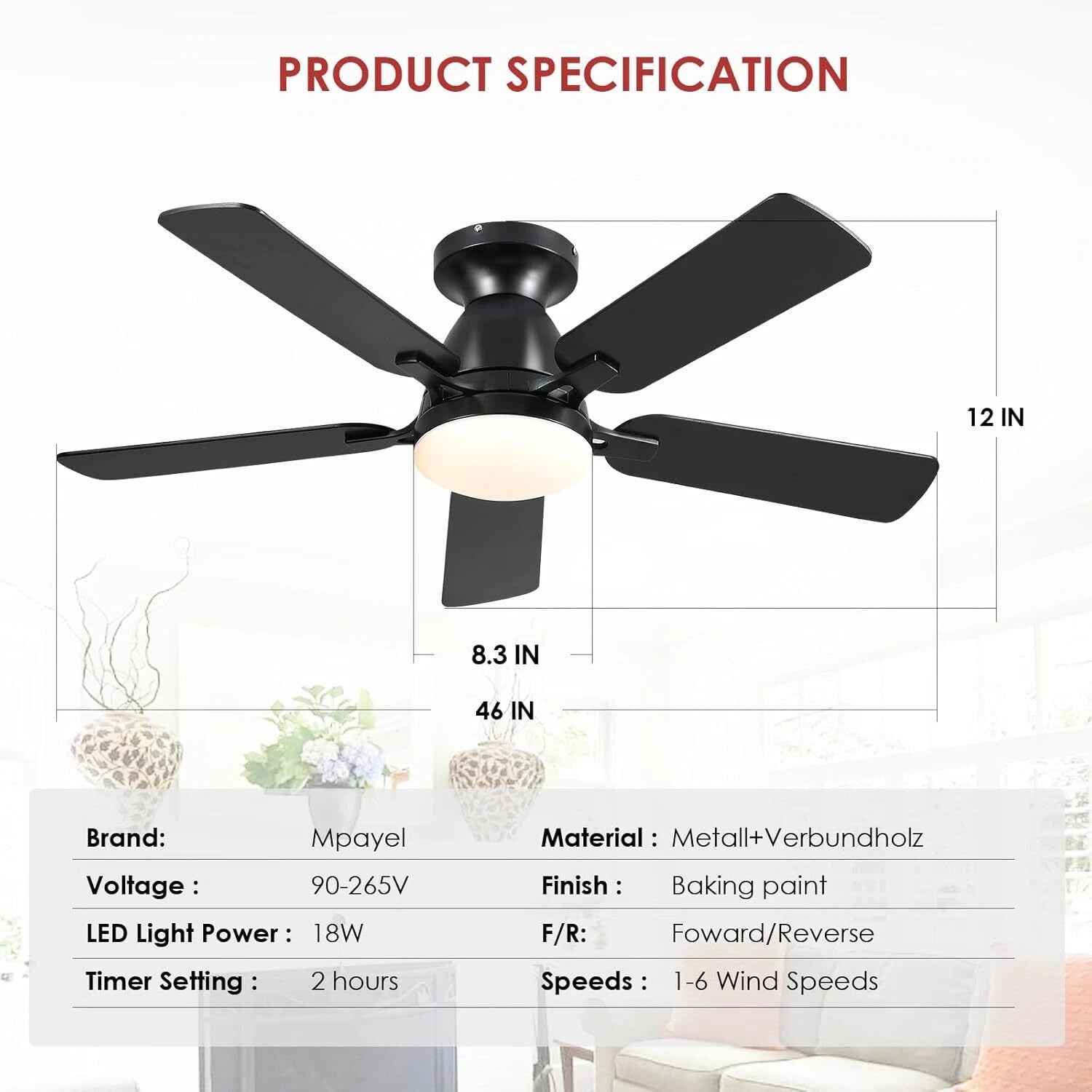 Ceiling Fans with Lights- 46"Low Profile Indoor Ceiling Fan with Light 07FC0E-D4 - KOEEK