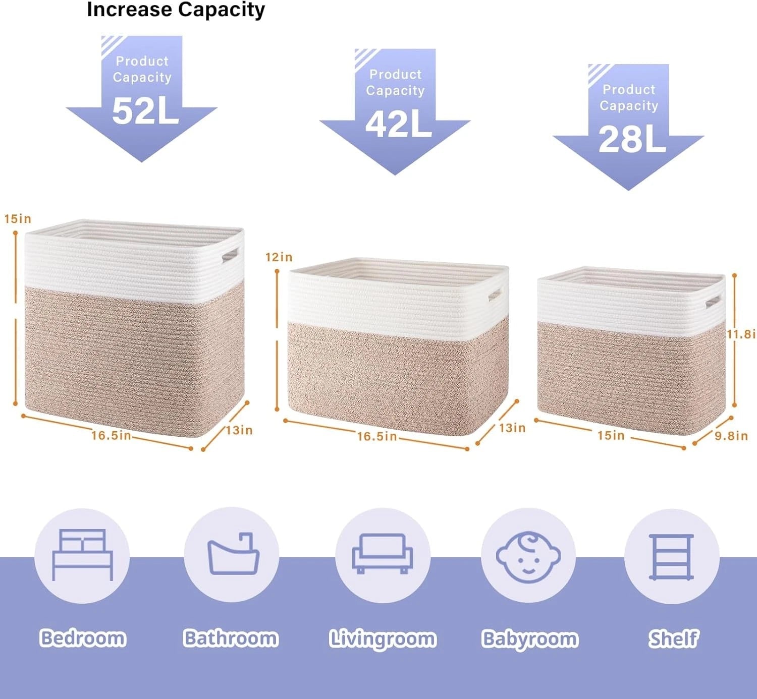 Shelf storage basket dimensions: 15 x 9.8 x 11.8 inches, set of 2, brown 07FC0E-D4 - KOEEK