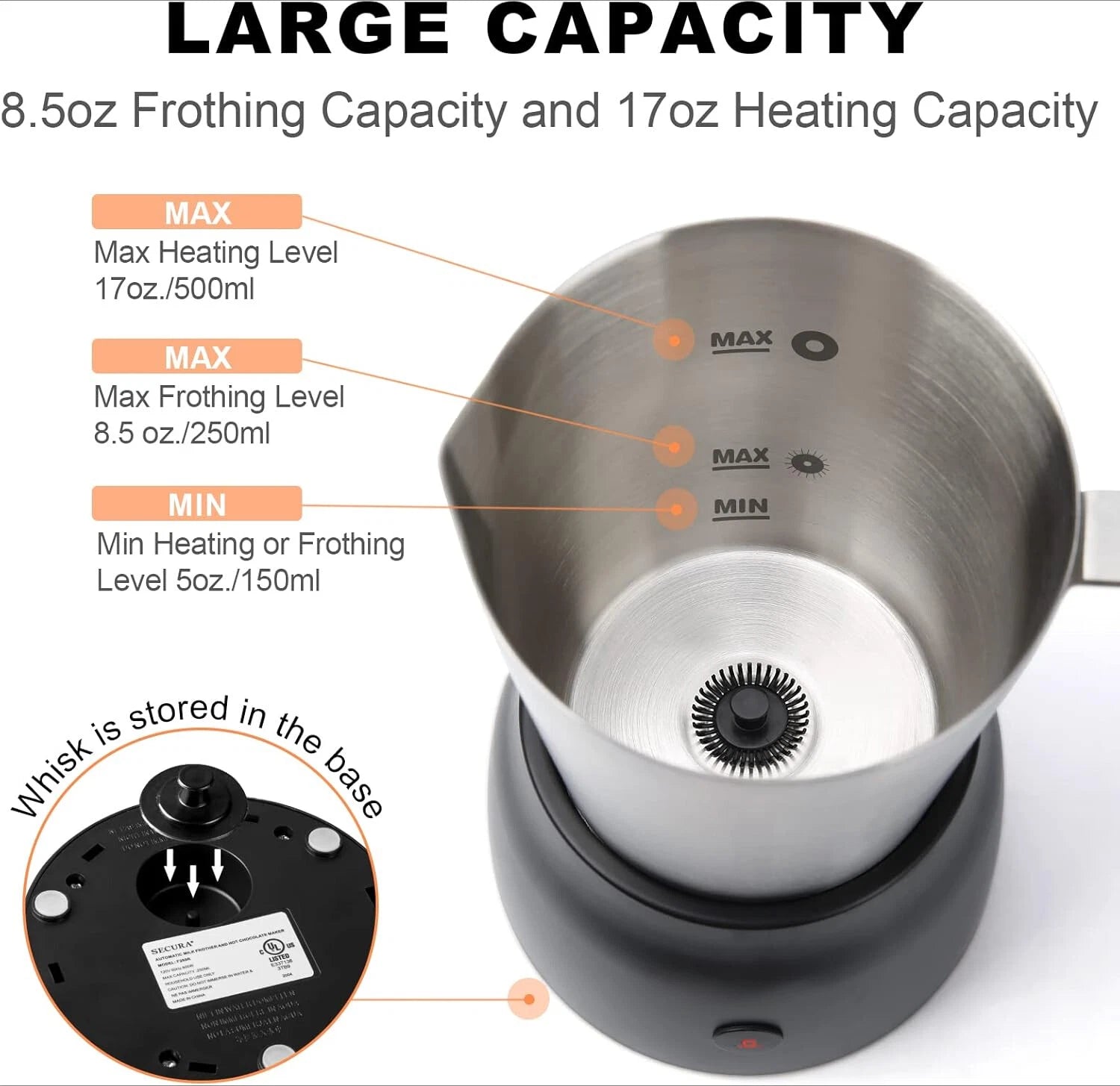 Detachable Milk Frother, 17 oz Stainless Steel Electric Milk Steamer. 07FC0E-D4 - KOEEK