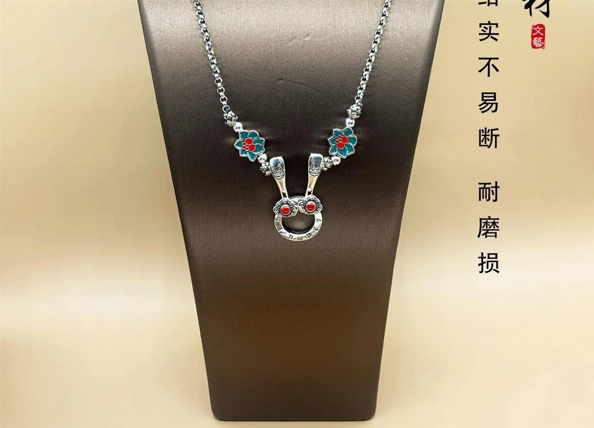 Silver Plated Ruyi Lotus Necklace Vintage Epoxy Craft Chinese Style 07FC0E-D4 - KOEEK