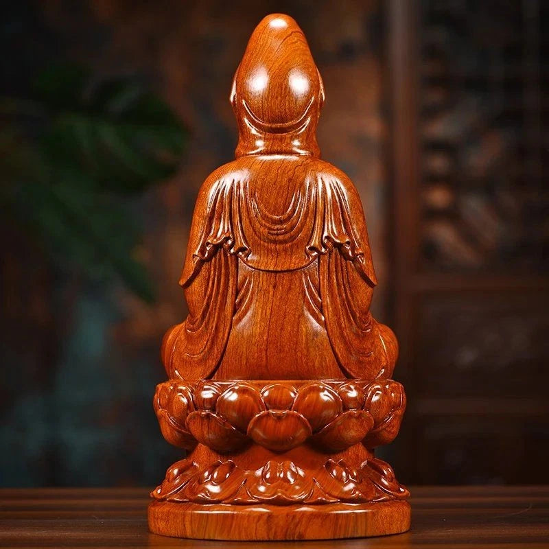 14cm Rosewood Carved Guanyin Buddha Statue Lotus Seat Home Decor Craft 07FC0E-D4 - KOEEK
