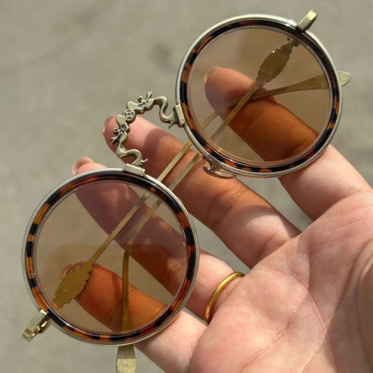 Vintage Chinese Crystal Round Glasses Tea Tint Copper Frame Eyewear Sunglasses 07FC0E-D4 - KOEEK