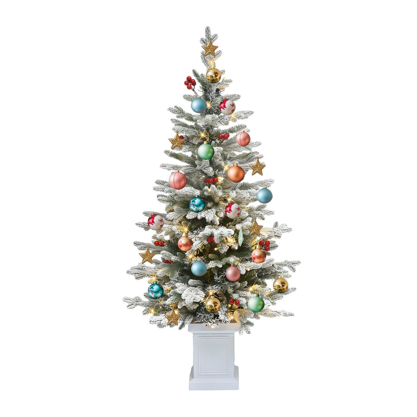 4.5ft Potted Pre-Lit Flocked Pencil Christmas Tree Slim Fir Tree with 100 Lights 07FC0E-D4 - KOEEK
