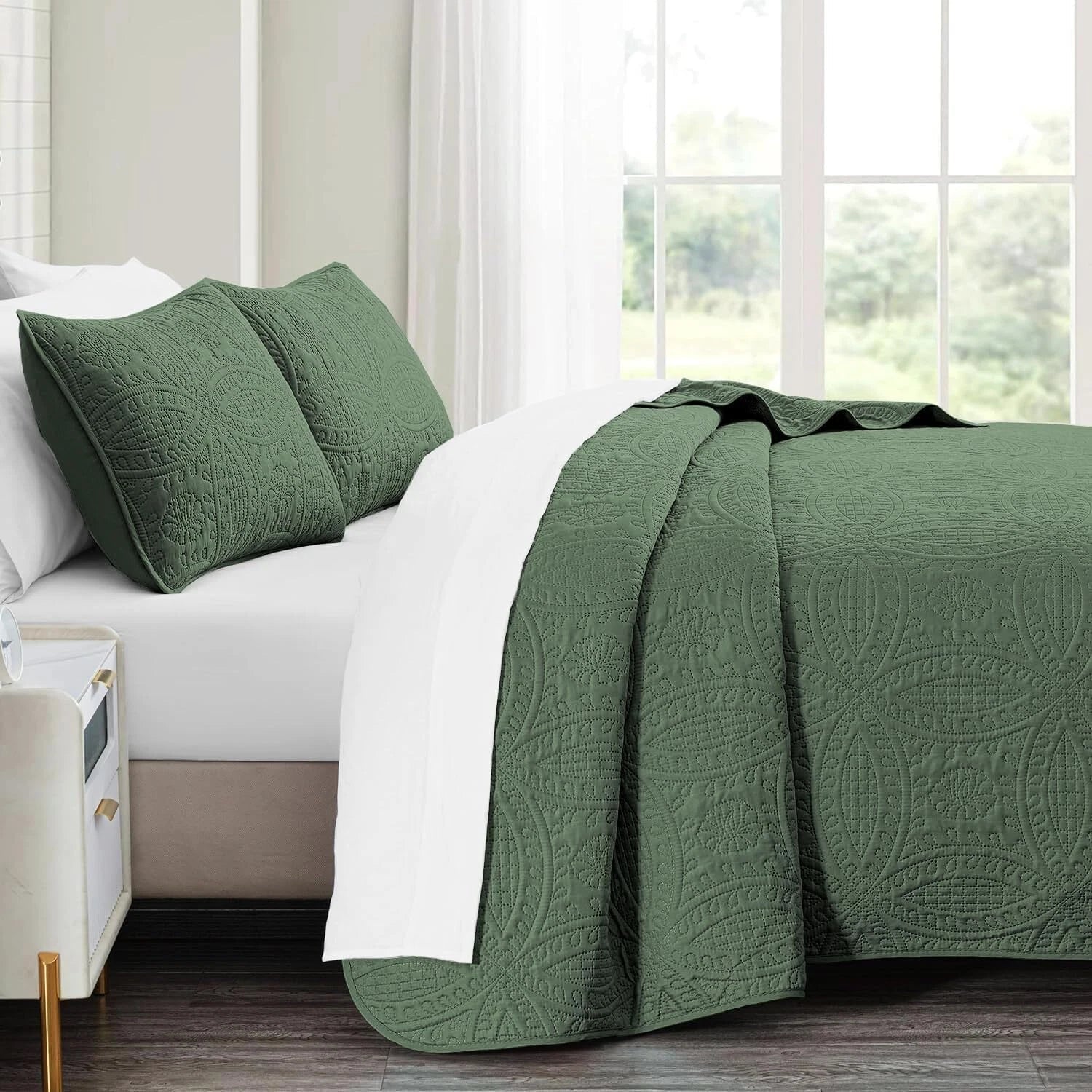Queen Quilt Bedding Set,Olive Green Ultrasonic Full/Queen Quilt Set,Lightweight 07FC0E-D4 - KOEEK