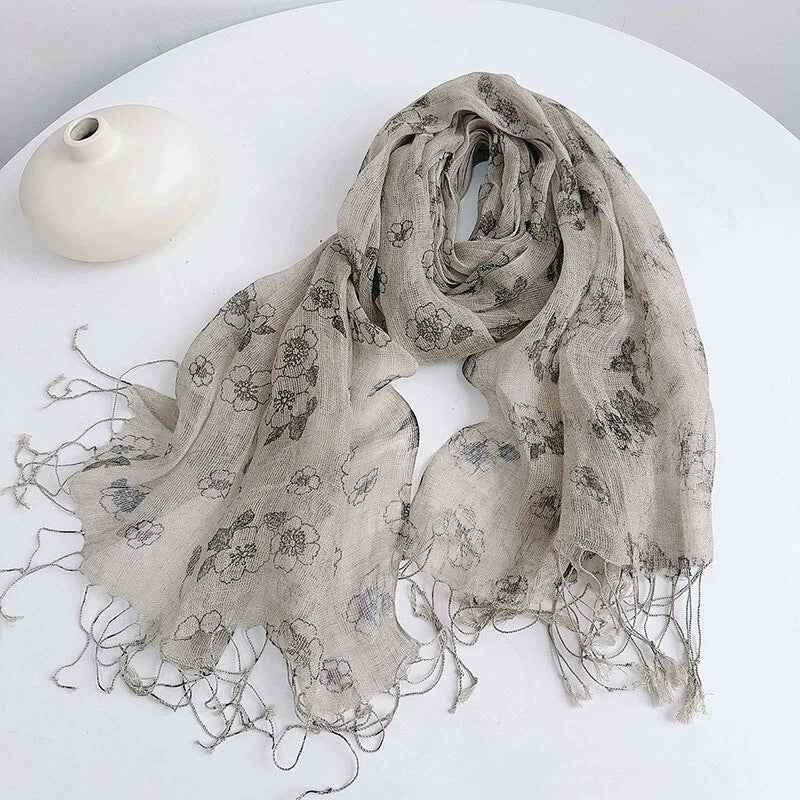 Womens  Flax Linen Floral Scarf  Soft Breathable Elegant Stole Neckerchief 07FC0E-D4 - KOEEK