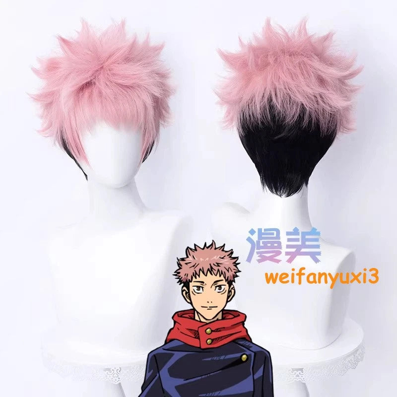 Anime Jujutsu Kaisen Itadori Yuji Cosplay Wig Men Pink+Black Short Hairpiece Wig 07FC0E-D4 - KOEEK