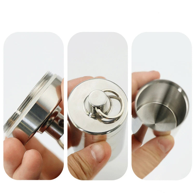 Stainless Steel Waterproof Tank EDC Survival Seal Container Pill Box Keychain 07FC0E-D4 - KOEEK