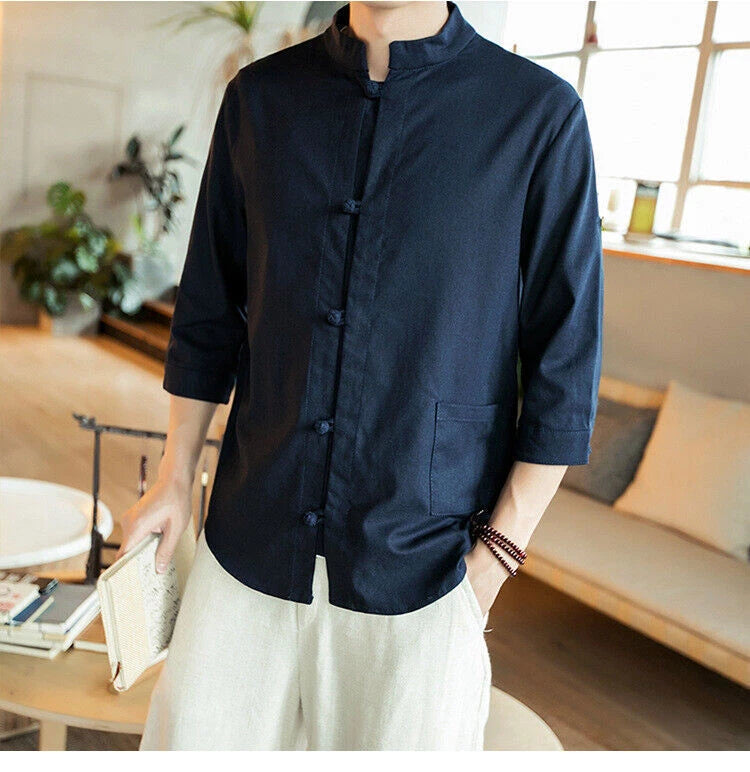 Men Vintage Kung Fu Shirts Tops 3/4 Sleeve Cotton Linen Chinese Style Tang Suit 07FC0E-D4 - KOEEK
