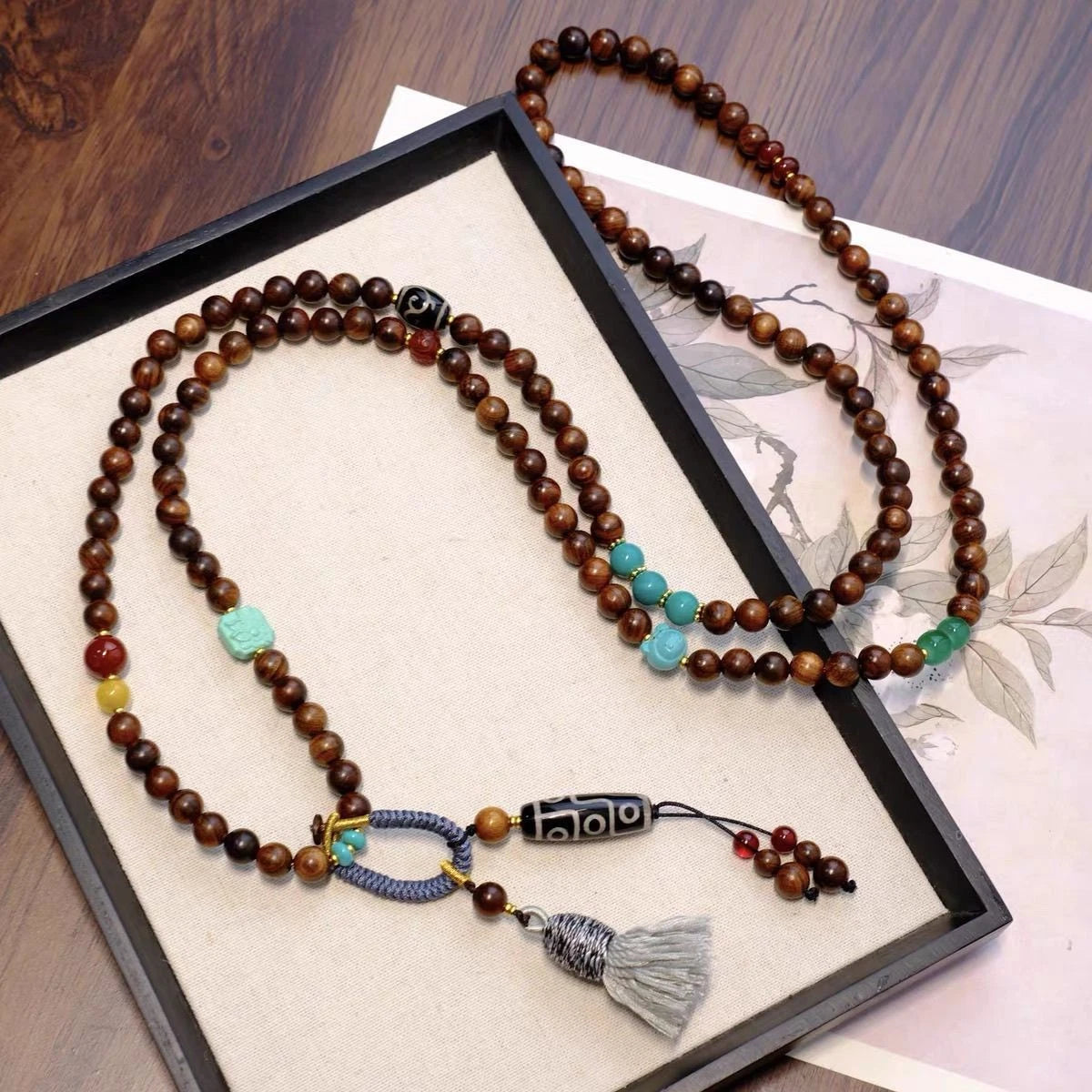 Chinese Style Sandalwood Peace Ruyi Lock Necklace Multi-Use Crossbody Chain 07FC0E-D4 - KOEEK