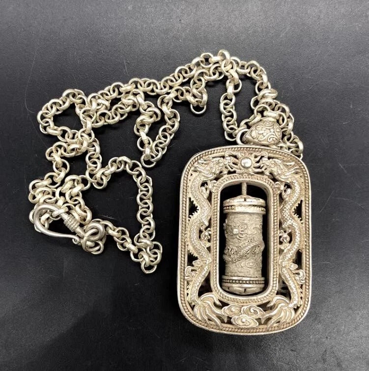 Old Collection Chinese Tibet Silver Carved loong Dragon Statue Amulet Necklace 07FC0E-D4 - KOEEK