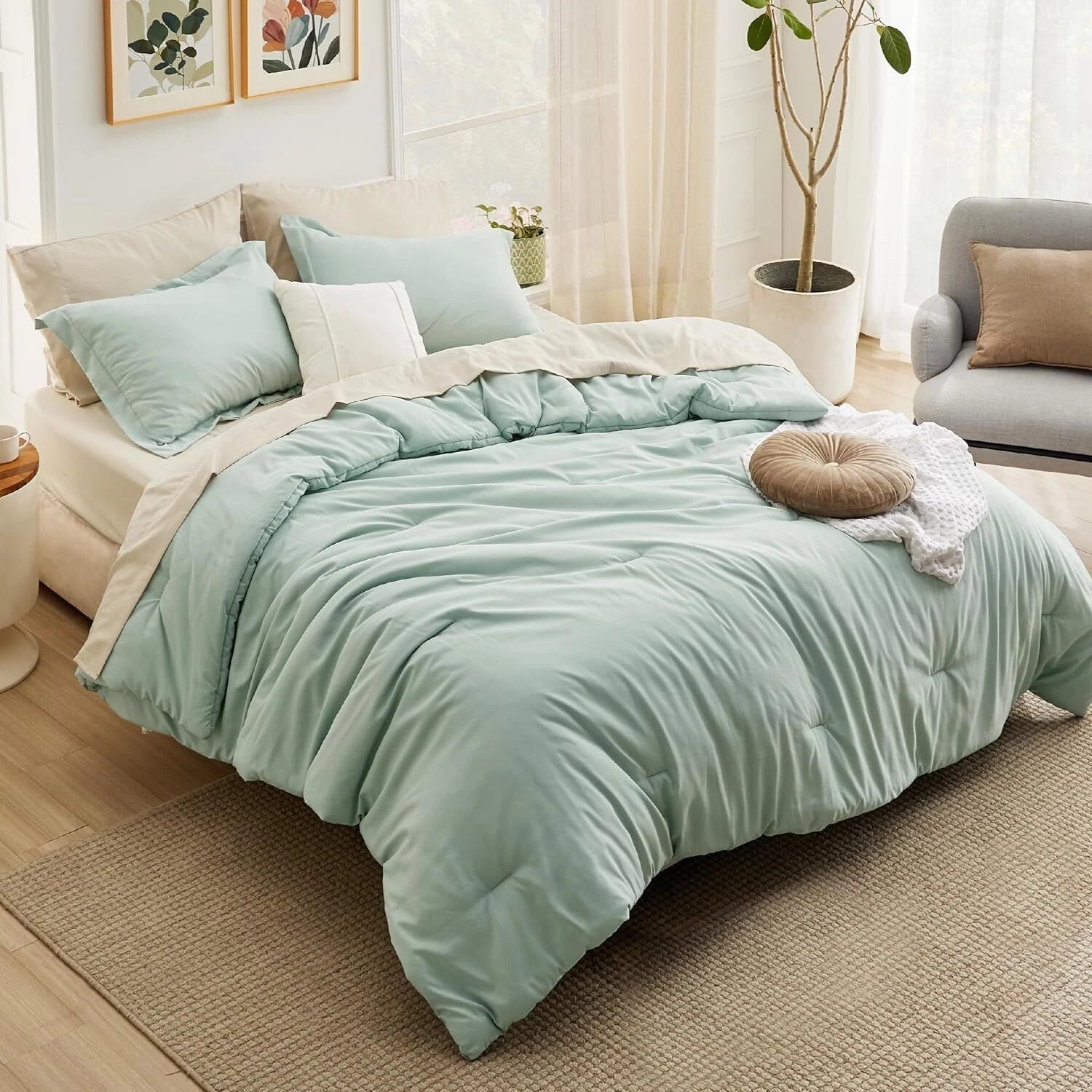 King Size Sage Green Comforter Set, 7 Piece Lightweight King Size Bedding Set 07FC0E-D4 - KOEEK