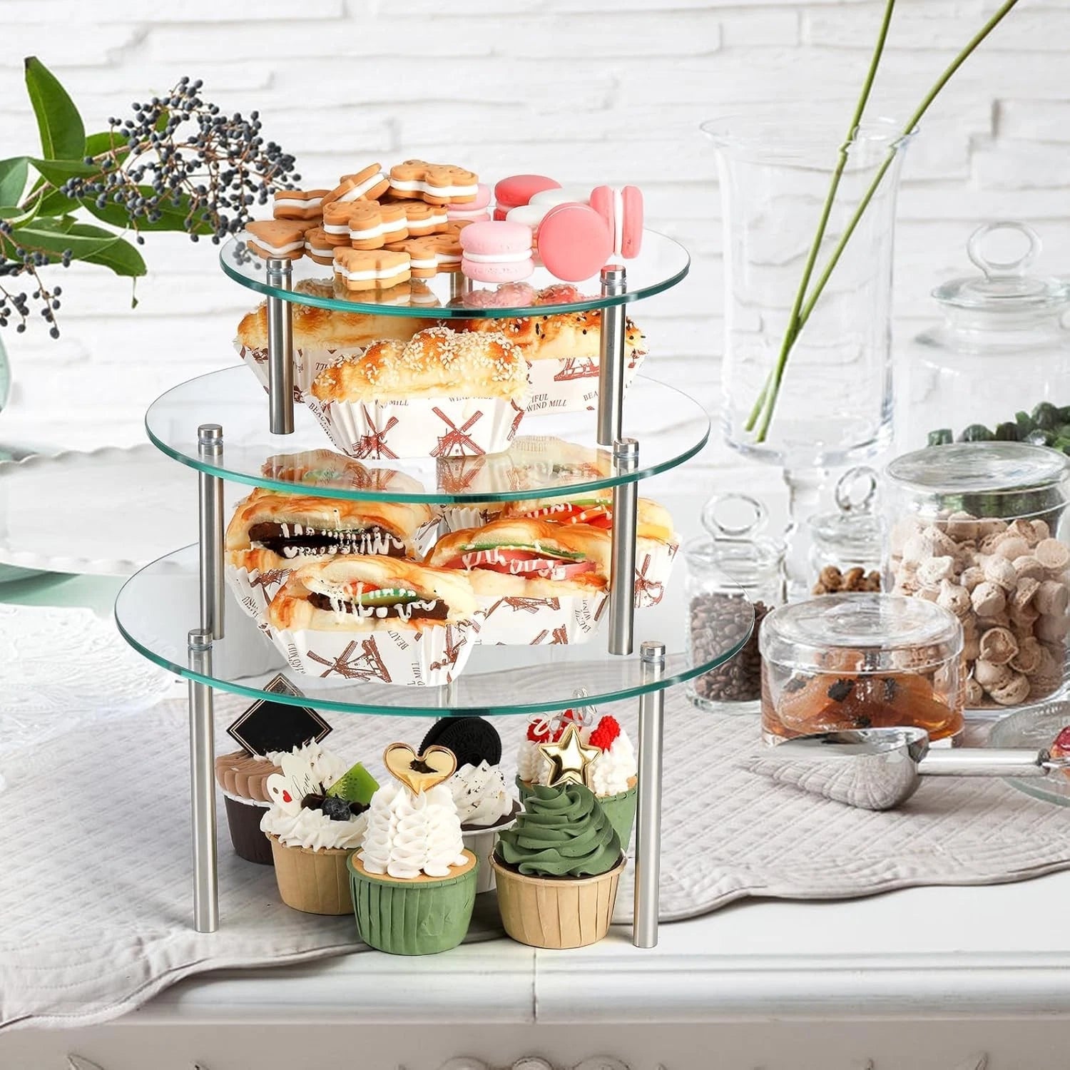 3 Pcs Tempered Glass Cupcake Stands ,9,11,12.6 Inch Round Food Display Stand 07FC0E-D4 - KOEEK