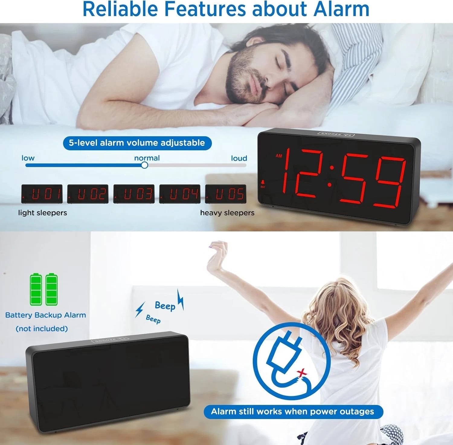Digital clock, bedroom alarm clock with USB charging port 07FC0E-D4 - KOEEK