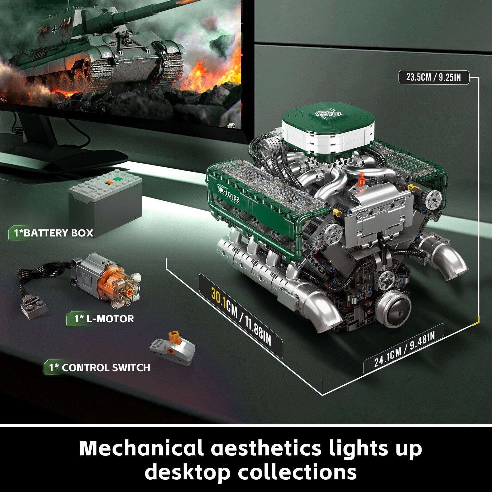 new Mould King 10182 V8 Engine Double Turbo Eight Cylinder Green Building Block Toy MOULD KING - KOEEK