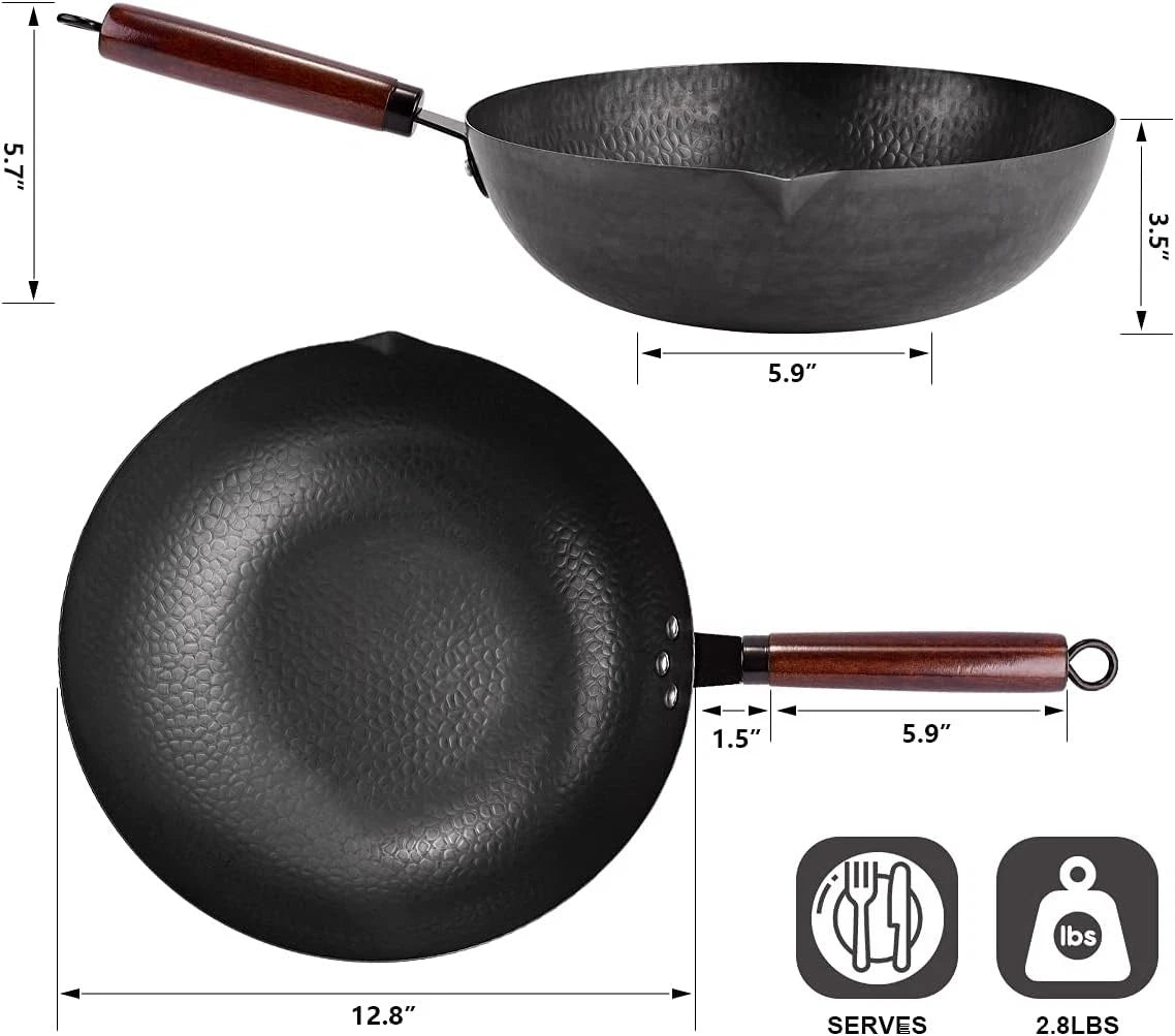 12.8" Carbon Steel Wok-11Pcs Woks & Stir Fry Pans Wok Pan with Lid 07FC0E-D4 - KOEEK