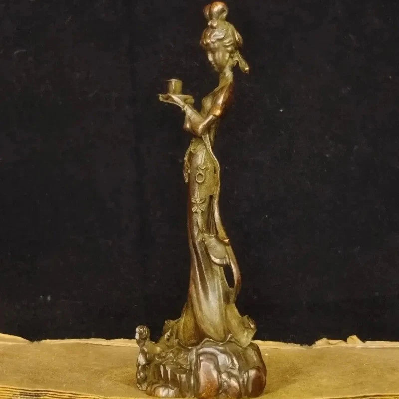 4.7" Chinese Retro Bronze Fairy Beauty Handmade Carving Statue Homen Ornament 07FC0E-D4 - KOEEK