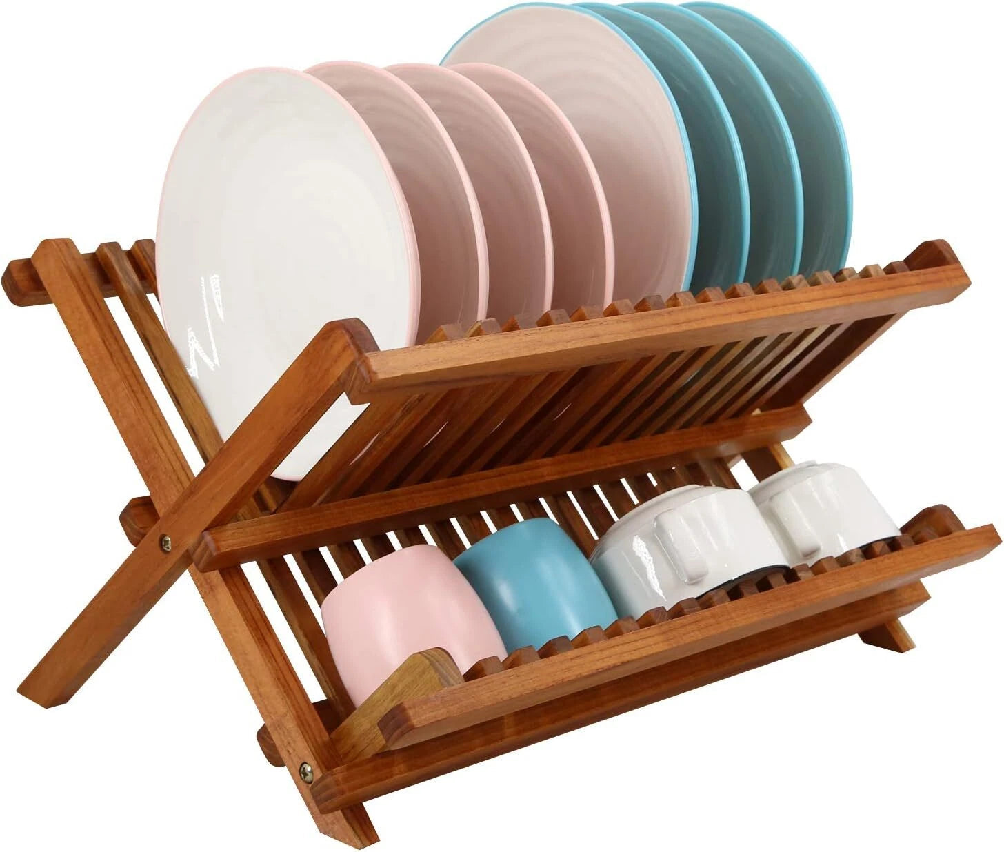 Compact Teak Dish Rack Foldable 2 Tier Dish Rack Dish Drying Rack 07FC0E-D4 - KOEEK