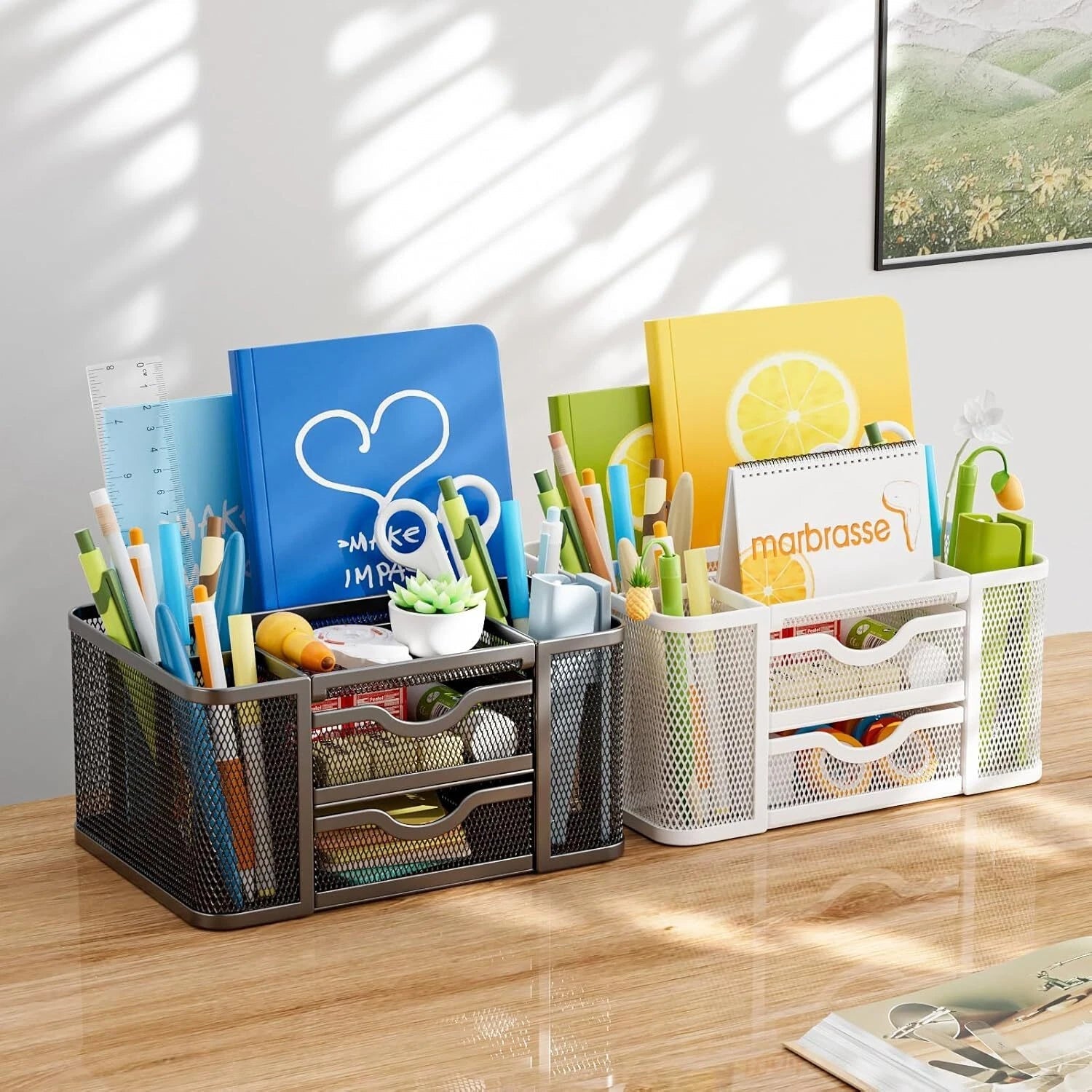 Mesh Desk Organizer, Pen Organizer with 2 Drawer, Multi-Functional Pencil Holder 07FC0E-D4 - KOEEK