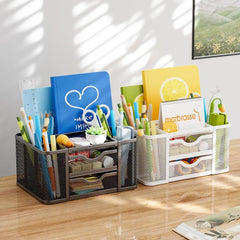 Mesh Desk Organizer, Pen Organizer with 2 Drawer, Multi-Functional Pencil Holder 07FC0E-D4 - KOEEK