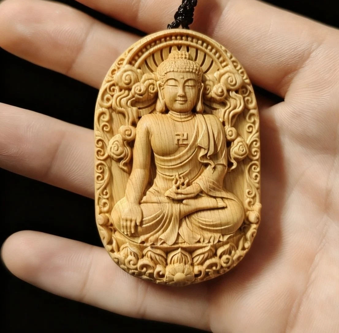 Boxwood Dainichi Nyorai Carved Pendant Necklace 4x6cm 07FC0E-D4 - KOEEK