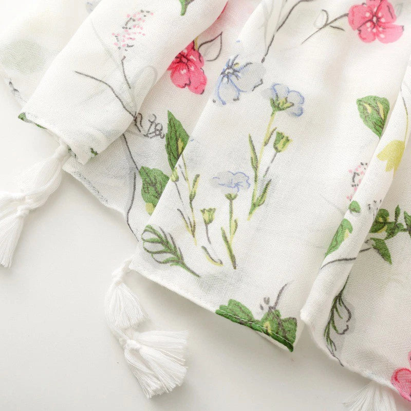 Women White Garden Floral Stole Scarf Summer Spring Soft Breathable Thin Shawl 07FC0E-D4 - KOEEK